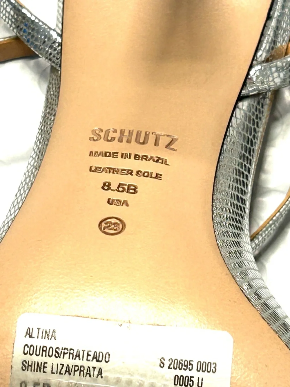 SCHUTZ Silver Metallic Straps Sandals Square Toe Stiletto Heels 3.5-4 Sz 8.5